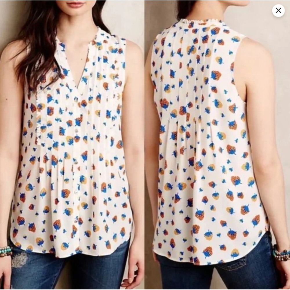 Maeve Off White Blouse with Blue and Orange Strawberry 🍓 Print